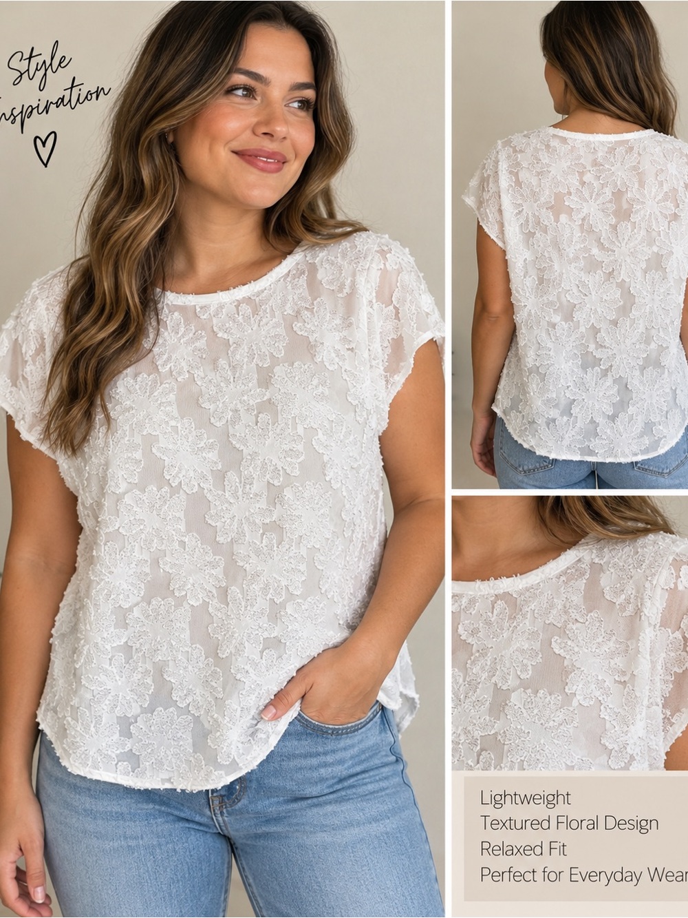 14th & Union White Floral Textured Short Sleeve Blouse 1X